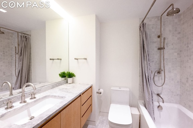 full bathroom with toilet, tile patterned flooring, shower / bathtub combination with curtain, and vanity