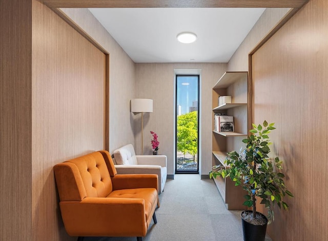 sitting room featuring light carpet