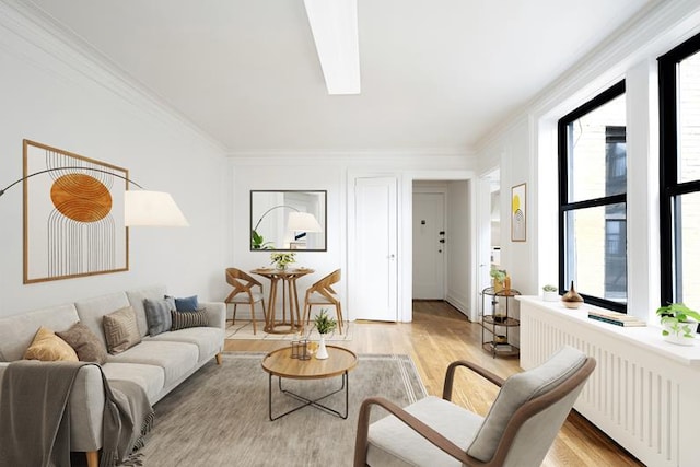 living room with ornamental molding, light hardwood / wood-style flooring, and radiator heating unit