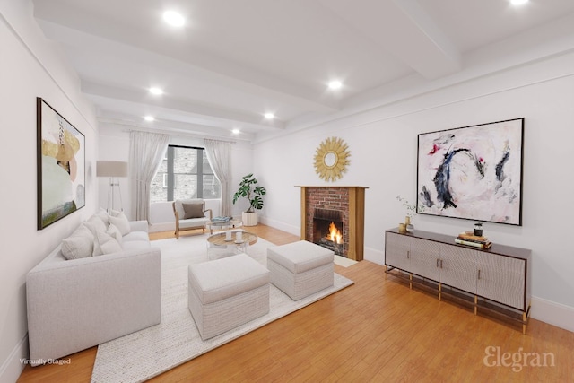 living room with a fireplace, wood-type flooring, and beamed ceiling