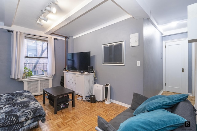 living room featuring radiator heating unit, track lighting, baseboards, and beam ceiling