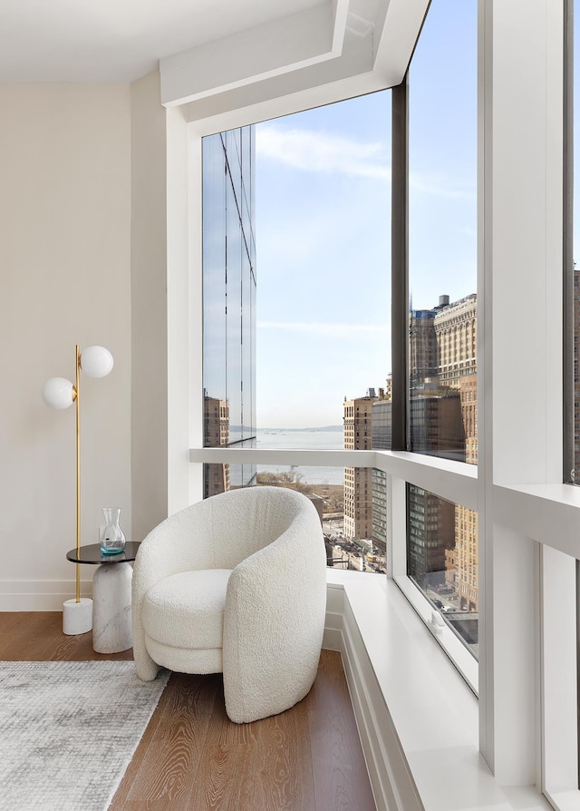 sitting room with a view of city, a water view, wood finished floors, and floor to ceiling windows