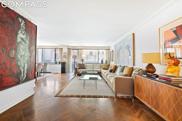 living room with crown molding and parquet floors