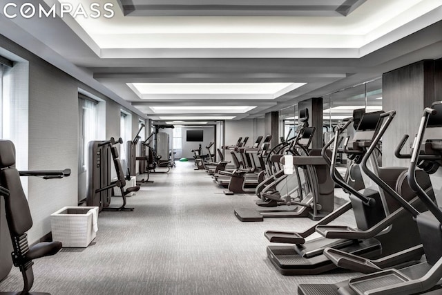 exercise room with a raised ceiling and carpet flooring