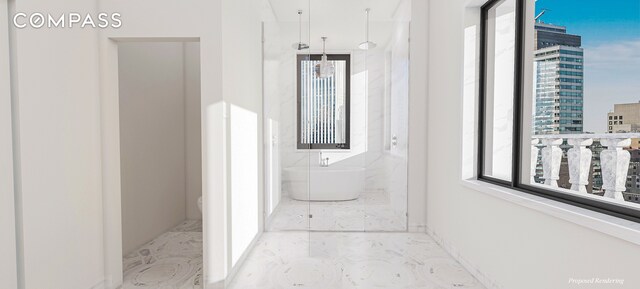 hall featuring marble finish floor and a view of city