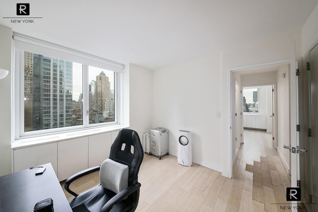 home office with light wood-type flooring and baseboards