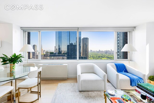 living room featuring a view of city and wood finished floors