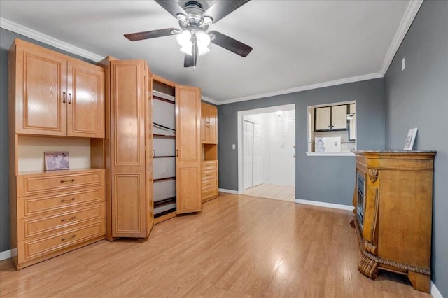 bedroom featuring ornamental molding, ceiling fan, and light hardwood / wood-style flooring