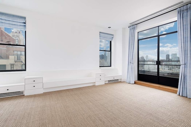 spare room featuring a city view, visible vents, and carpet floors