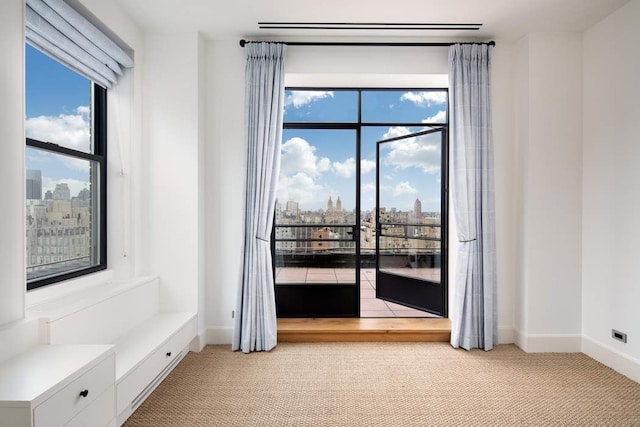 interior space featuring baseboards, a view of city, and light carpet