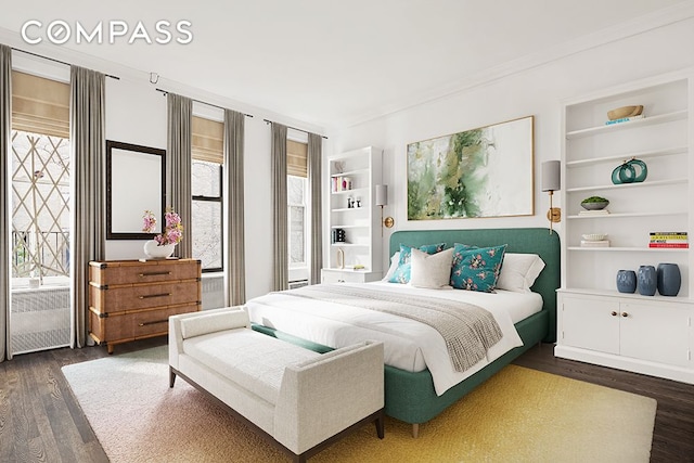 bedroom featuring multiple windows, dark wood finished floors, and ornamental molding