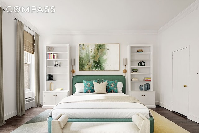 bedroom with baseboards, dark wood finished floors, and crown molding