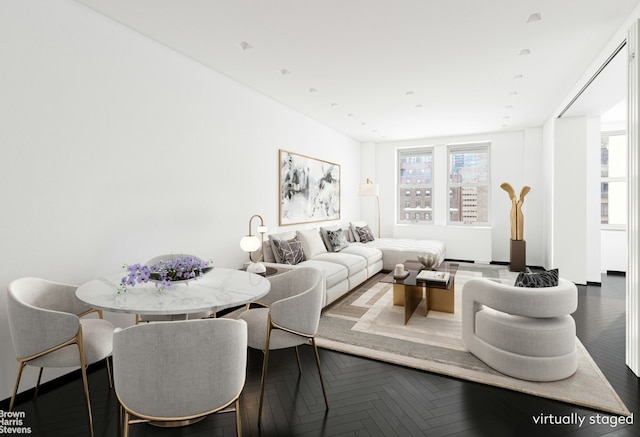 living room with dark parquet flooring