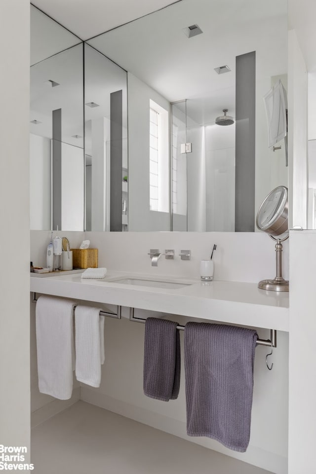 bathroom with vanity and a walk in shower