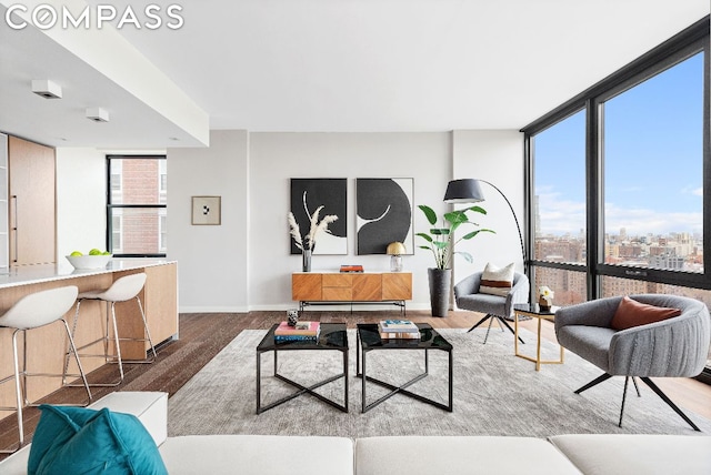 living room featuring hardwood / wood-style floors and expansive windows