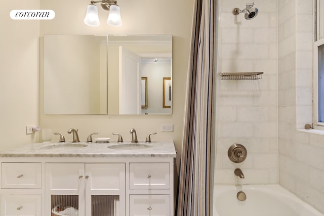 116 E 91st St, New York City, NY 10128 - full bathroom with shower / bathtub combination with curtain, double vanity, and a chandelier