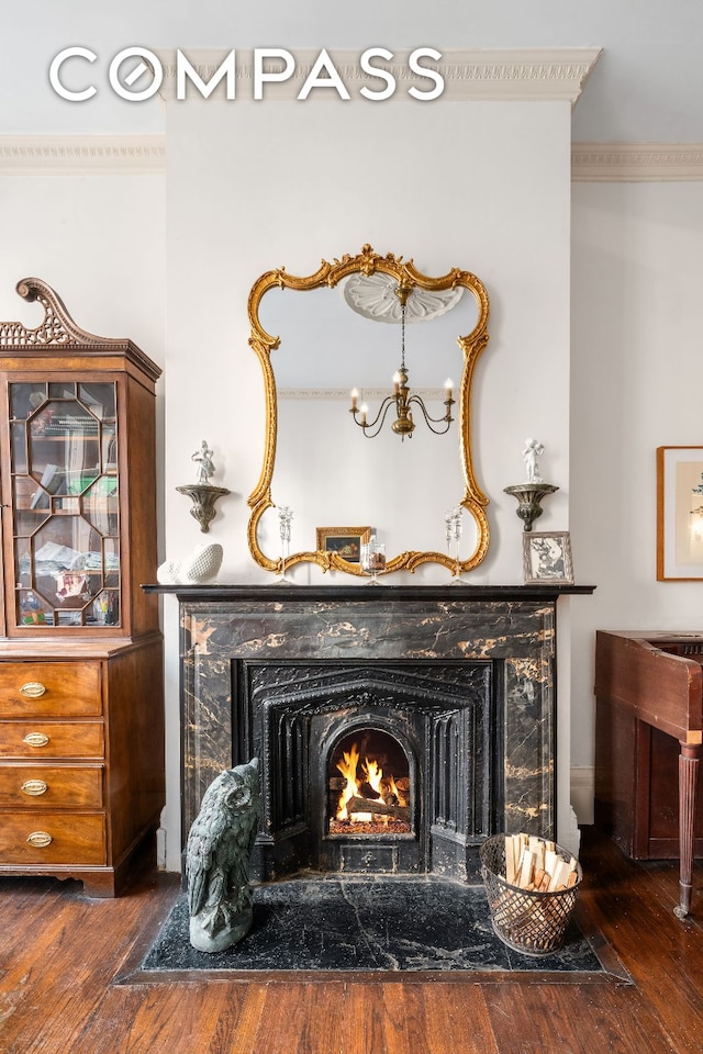 details with a chandelier, a premium fireplace, wood finished floors, and crown molding