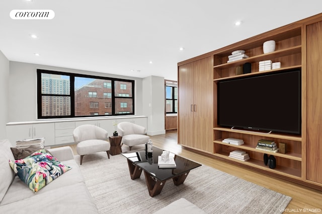 living room with a healthy amount of sunlight and light hardwood / wood-style floors