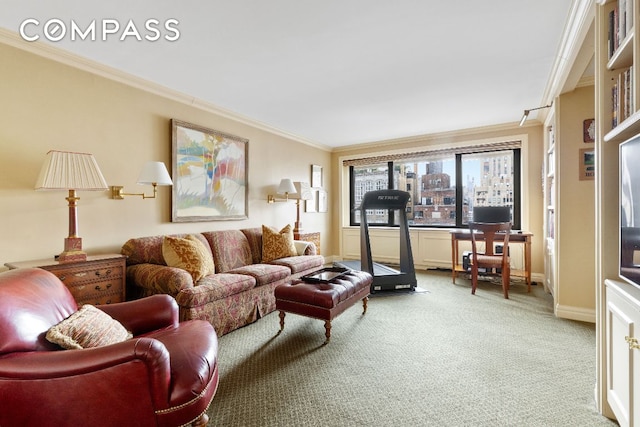 carpeted living room featuring ornamental molding