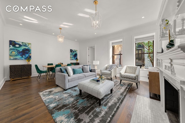 110 W 81st St, New York City, NY 10024 - living area featuring hardwood / wood-style flooring, a chandelier, recessed lighting, a fireplace with flush hearth, and baseboards