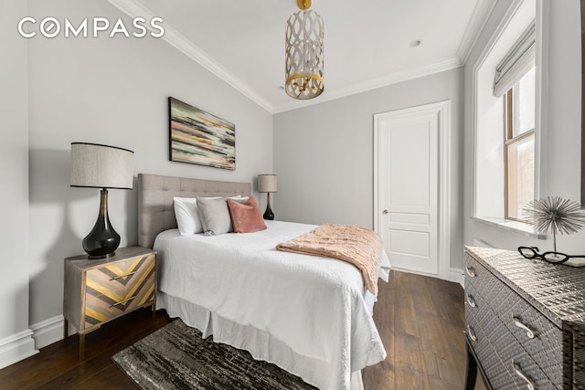 110 W 81st St, New York City, NY 10024 - bedroom with dark wood-style floors, a chandelier, ornamental molding, and baseboards