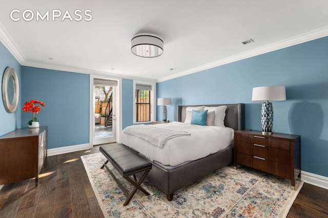 110 W 81st St, New York City, NY 10024 - bedroom featuring baseboards, ornamental molding, wood finished floors, and access to outside
