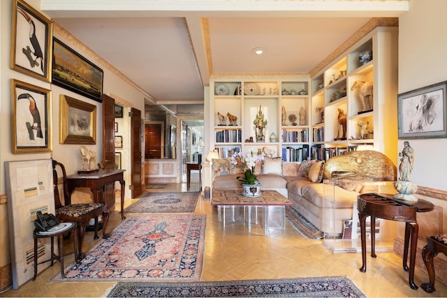 living room featuring built in features and light parquet floors