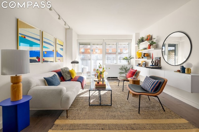 living area featuring rail lighting and hardwood / wood-style floors