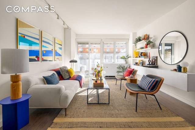 living area featuring track lighting and wood finished floors