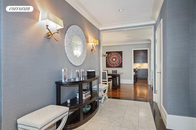 corridor with marble finish floor, ornamental molding, visible vents, and baseboards