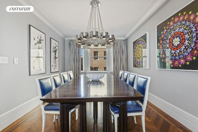 dining room featuring a chandelier, visible vents, crown molding, and baseboards