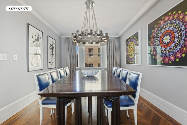 dining room with a chandelier, baseboards, visible vents, and crown molding