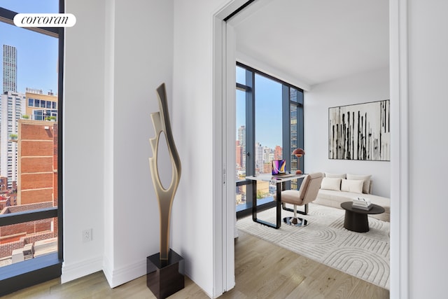 interior space featuring expansive windows and light hardwood / wood-style floors