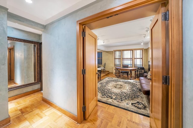 hallway featuring light parquet floors