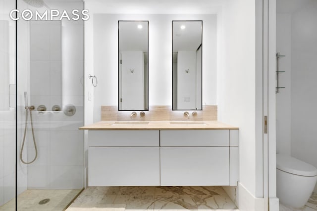 full bath with double vanity, tasteful backsplash, a sink, and a shower stall