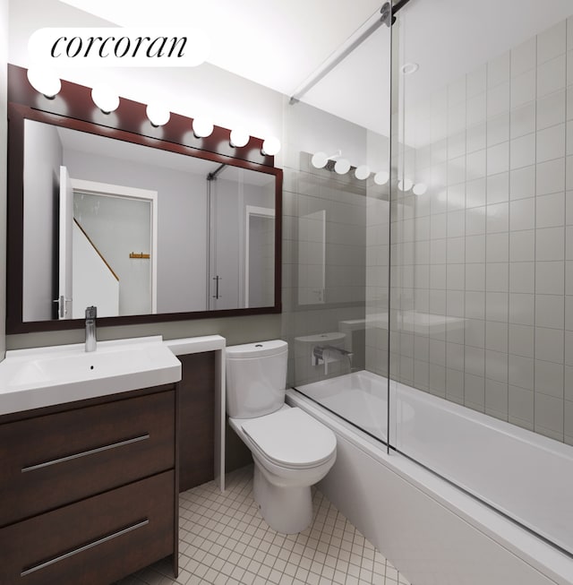 full bathroom featuring enclosed tub / shower combo, vanity, toilet, and tile patterned floors