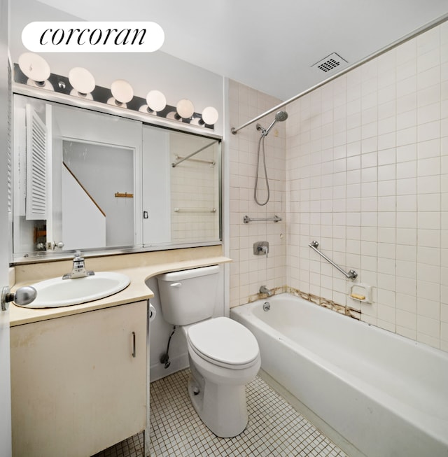 full bath featuring bathtub / shower combination, visible vents, toilet, vanity, and tile patterned floors