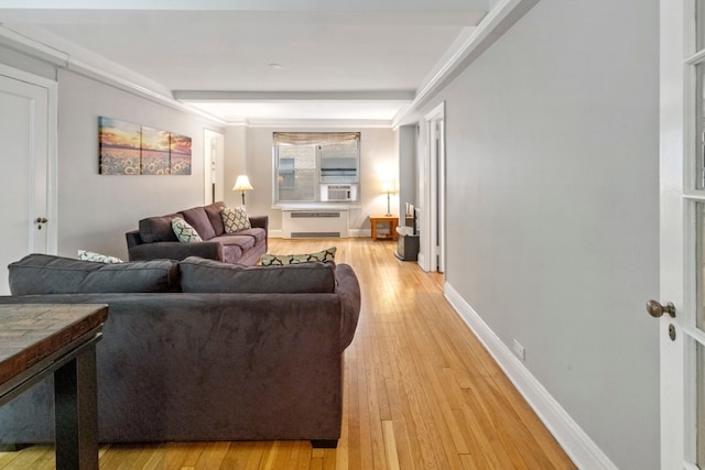 living room featuring radiator and light hardwood / wood-style flooring