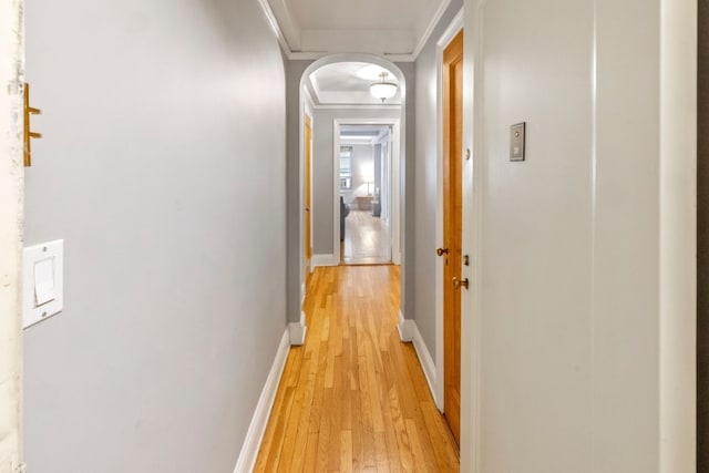 corridor with crown molding and light hardwood / wood-style floors