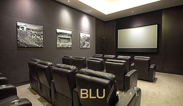 home theater with light carpet