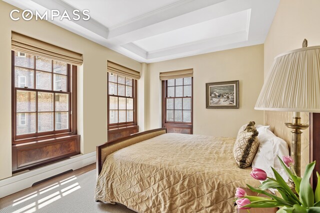 bedroom featuring a baseboard radiator and light wood-type flooring