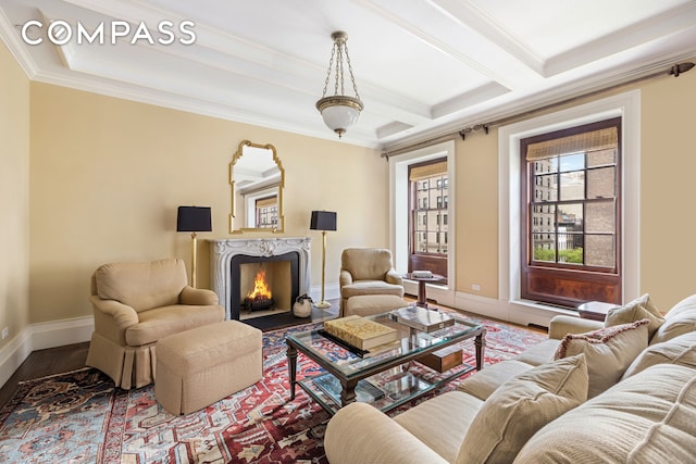 living area featuring baseboards, ornamental molding, wood finished floors, and a high end fireplace