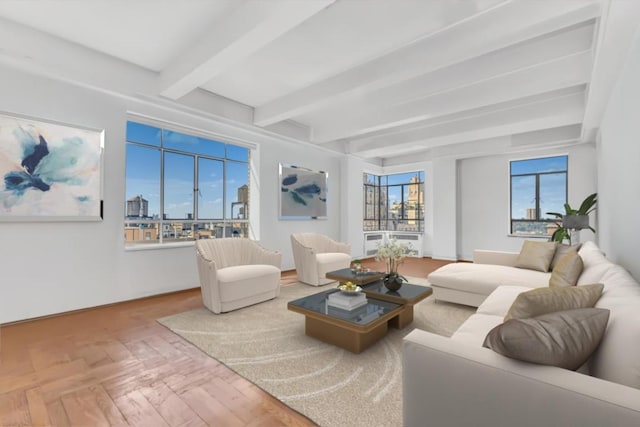 living room with parquet floors and beam ceiling