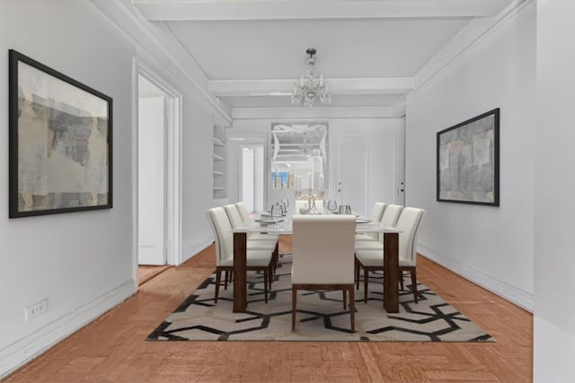 dining space with beamed ceiling, light parquet flooring, and a chandelier