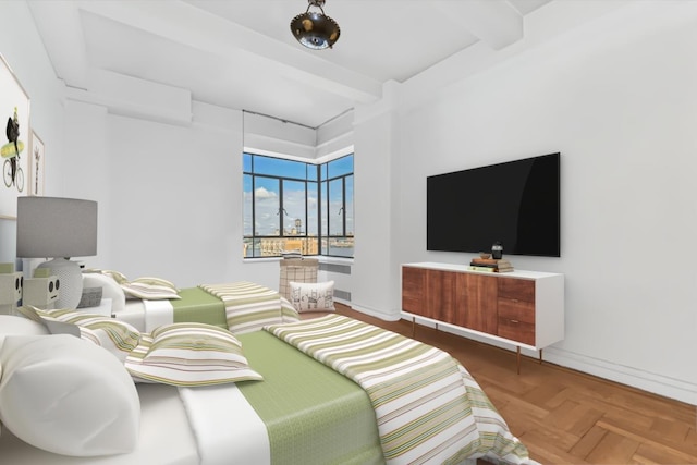 bedroom featuring baseboards and beam ceiling