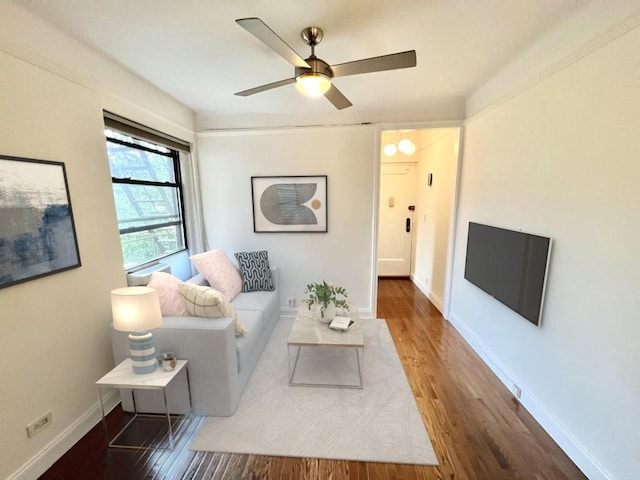 living room featuring ceiling fan and dark hardwood / wood-style flooring