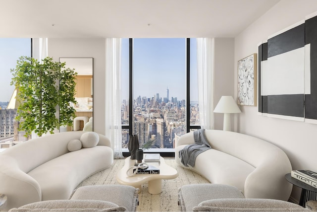 living room featuring a view of skyline and expansive windows