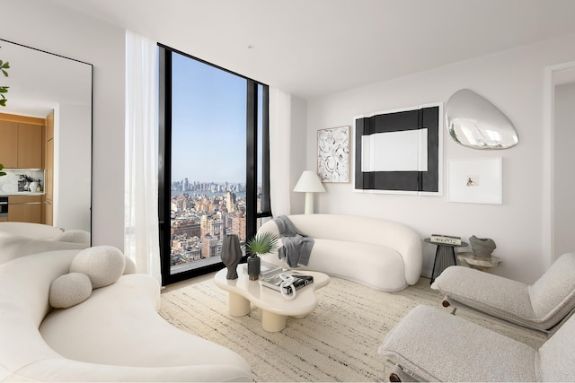 living area with a wall of windows and a city view