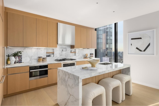 kitchen featuring appliances with stainless steel finishes, a sink, light wood-style flooring, tasteful backsplash, and wall chimney range hood
