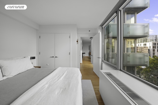 bedroom with a closet and dark wood-type flooring